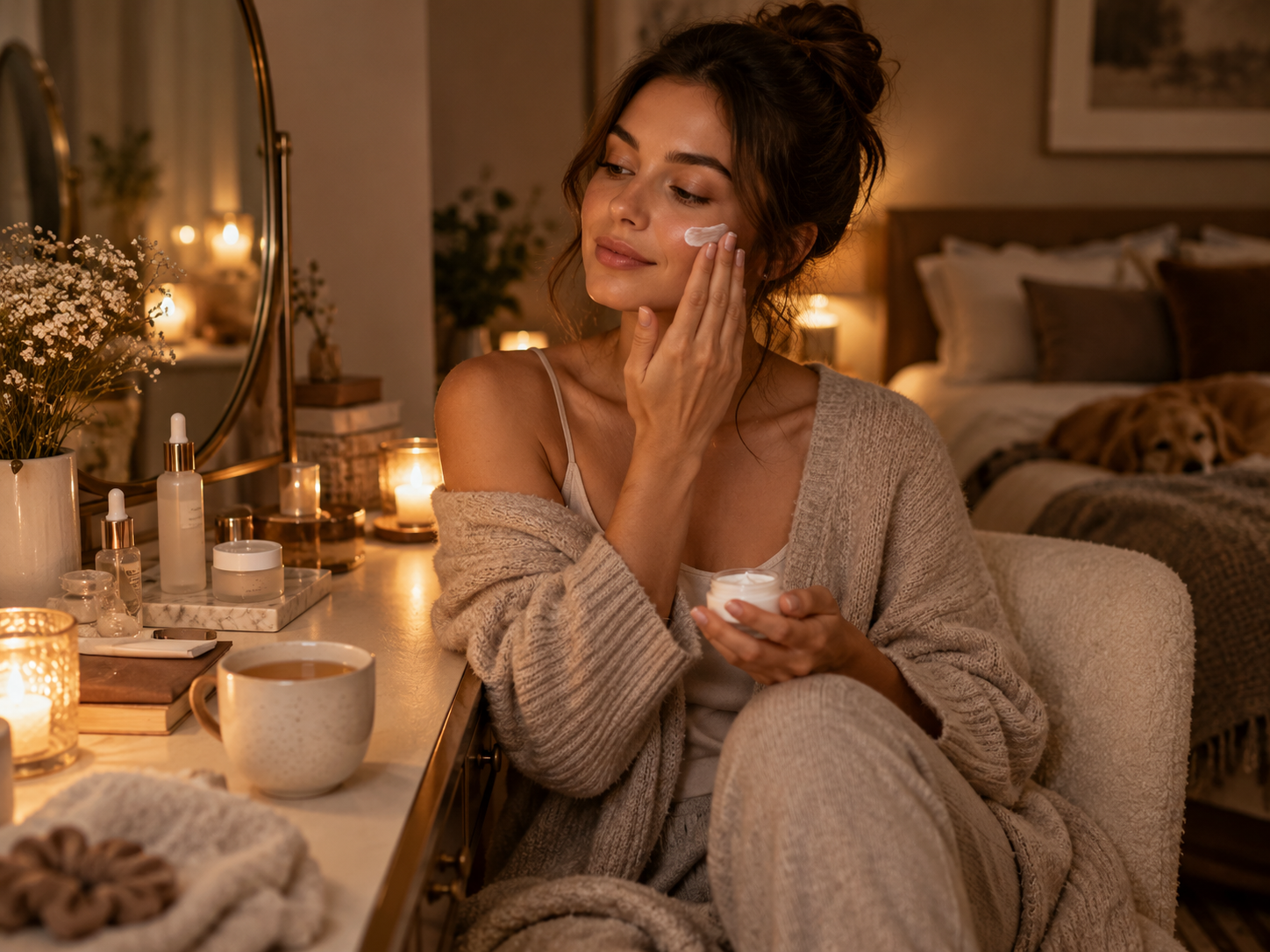 Cozy evening self-care routine with warm candlelight and tea